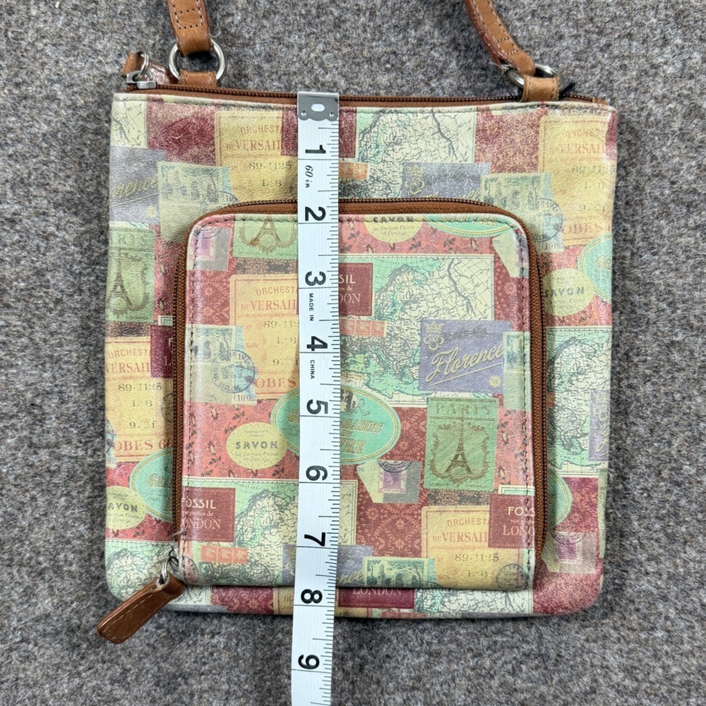 Vintage Fossil London Travel Stamps Leather Crossbody Bag Wallet Front Pocket - Picture 7 of 9